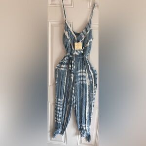 NWT Dress Forum Jumpsuit Blue White Boho Harem Romper Split Leg Hippie Women’s M